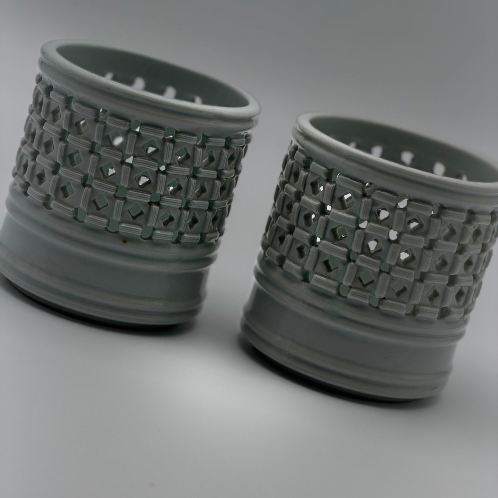 Vintage Korean Reticulated Hirayama Celadon Small Basketweave Brush Pot Lot of 2